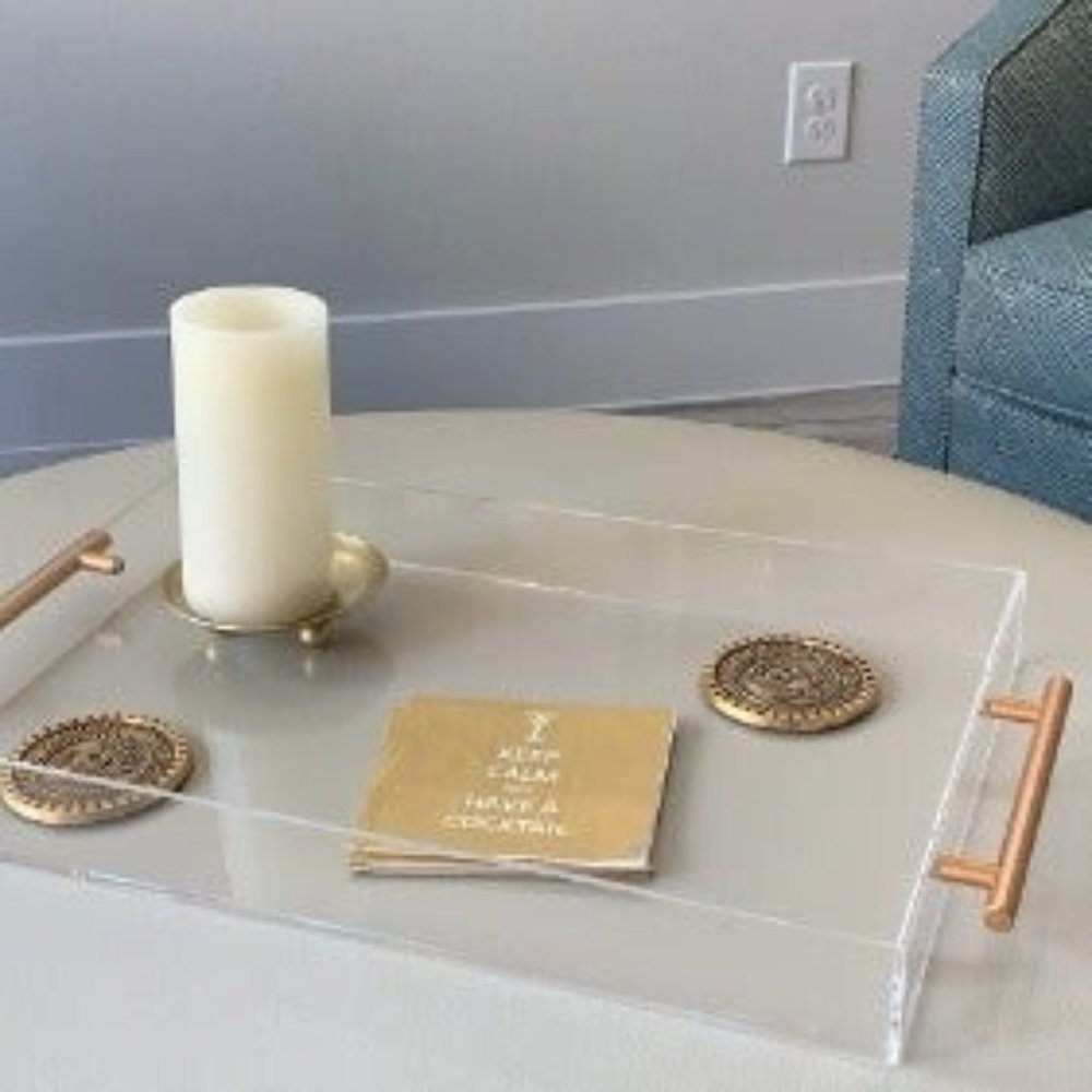 Clear Acrylic Lucite Serving Tray with Metal Handles,No Need to Assemble,11x14